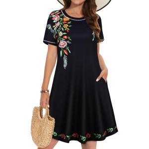 imageSummer Dresses for Women Casual Tshirt Short Sleeve Floral Sundress Beach Cover Ups with PocketsBlack Flower Bouquet