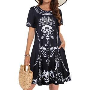 imageSummer Dresses for Women Casual Tshirt Short Sleeve Floral Sundress Beach Cover Ups with PocketsBlack White Flower