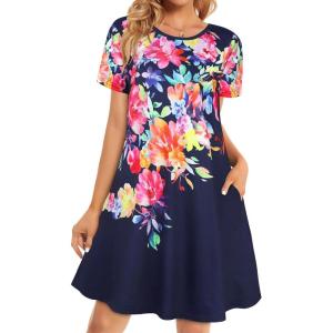 imageWomens Summer Dresses Beach Casual Loose Tshirt Floral Short Sleeve Flowy Pockets SundressesColorful Floral