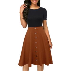 imageBerydress Womens Short Sleeve Colorblock Button Down Sundress KneeLength Flared ALine Casual Party Swing DressBrown