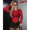 imageWomens Mesh Tops Sheer Long Sleeve Tee Shirts Bodycon See Through Blouse ClubwearAbright Red
