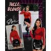 imageWomens Mesh Tops Sheer Long Sleeve Tee Shirts Bodycon See Through Blouse ClubwearAbright Red