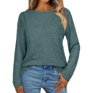 imageCHICGAL Women Long Sleeve Shirts Casual Fall Tees Crew Neck Basic Tunic TopsDark Green