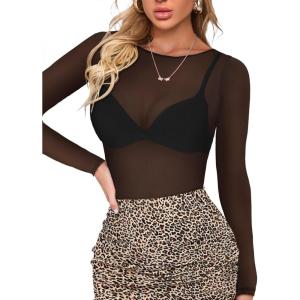 imageWomens Mesh Tops Sheer Long Sleeve Tee Shirts Bodycon See Through Blouse ClubwearAblack