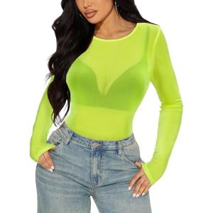 imageWomens Mesh Tops Sheer Long Sleeve Tee Shirts Bodycon See Through Blouse ClubwearAneon Green