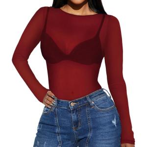 imageWomens Mesh Tops Sheer Long Sleeve Tee Shirts Bodycon See Through Blouse ClubwearAred