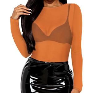 imageWomens Mesh Tops Sheer Long Sleeve Tee Shirts Bodycon See Through Blouse ClubwearOrange