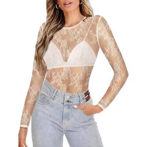 imageWomens Mesh Tops Sheer Long Sleeve Tee Shirts Bodycon See Through Blouse ClubwearWhite Floral