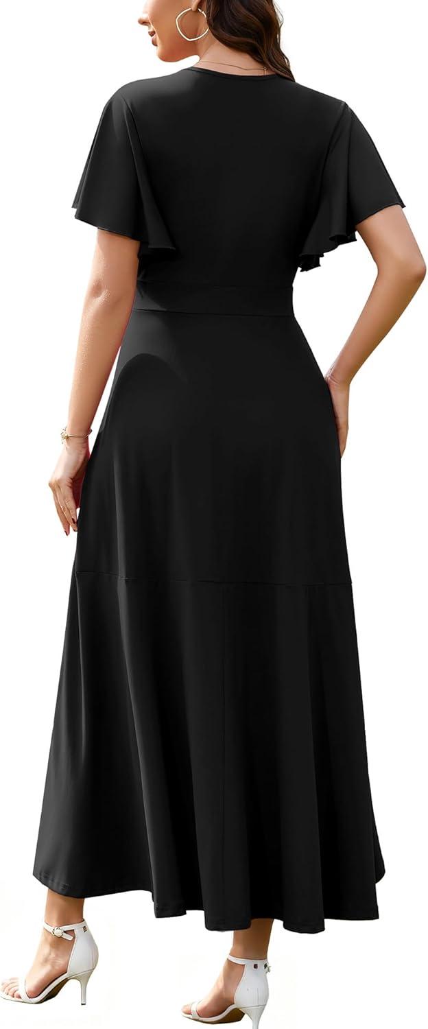 imageWEACZZY Women V Neck Ruffle Sleeve Maxi Dresses Split Elegant Wrap Ruffle Wedding Guest Dress Elegant Casual DressesBlack