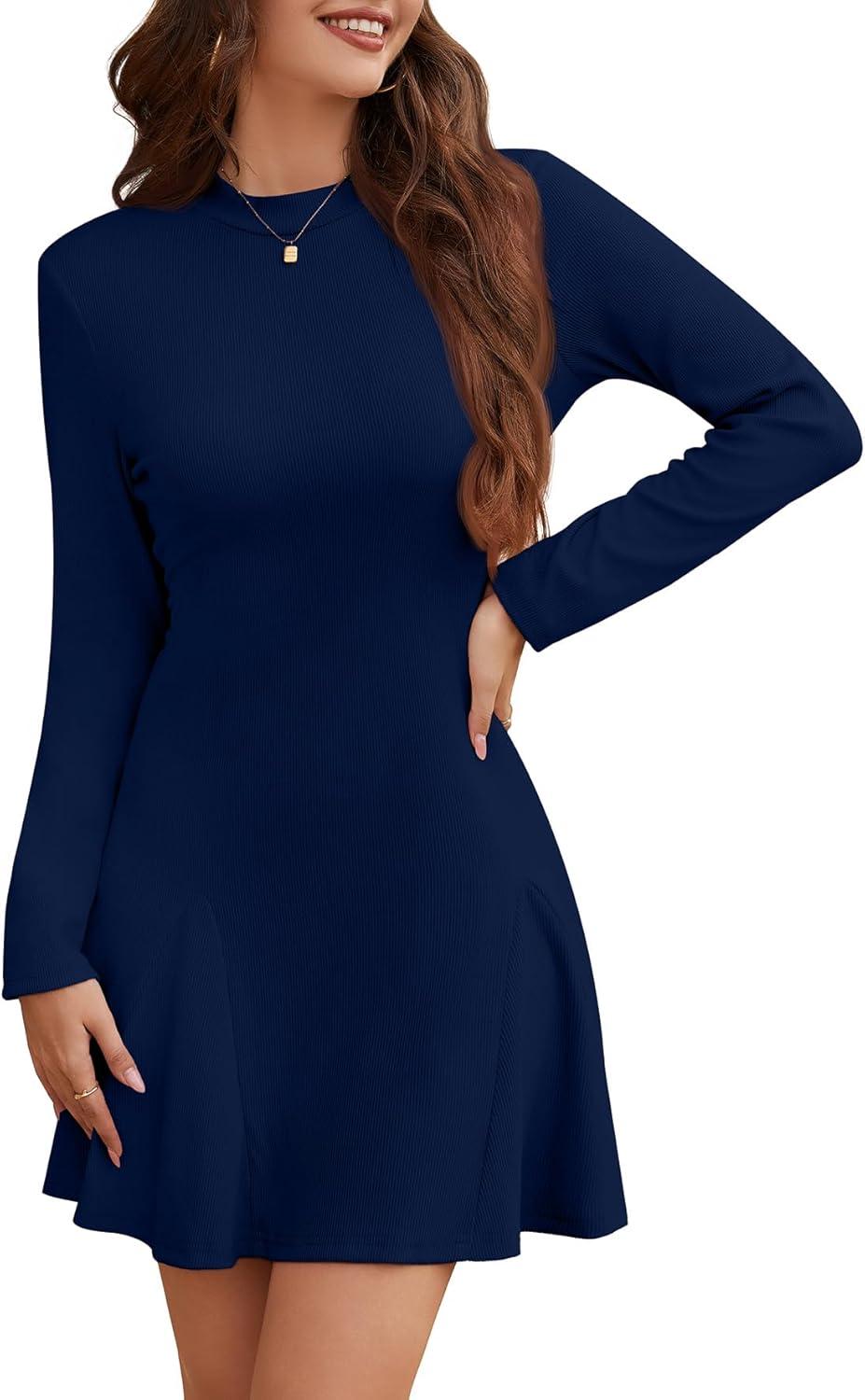 imageWEACZZY Womens Long Sleeve Casual Fall Dresses Elegant A Line High Waist Ruffle Flowy Party Wedding Guest Mini Dress 2025A Navy Blue