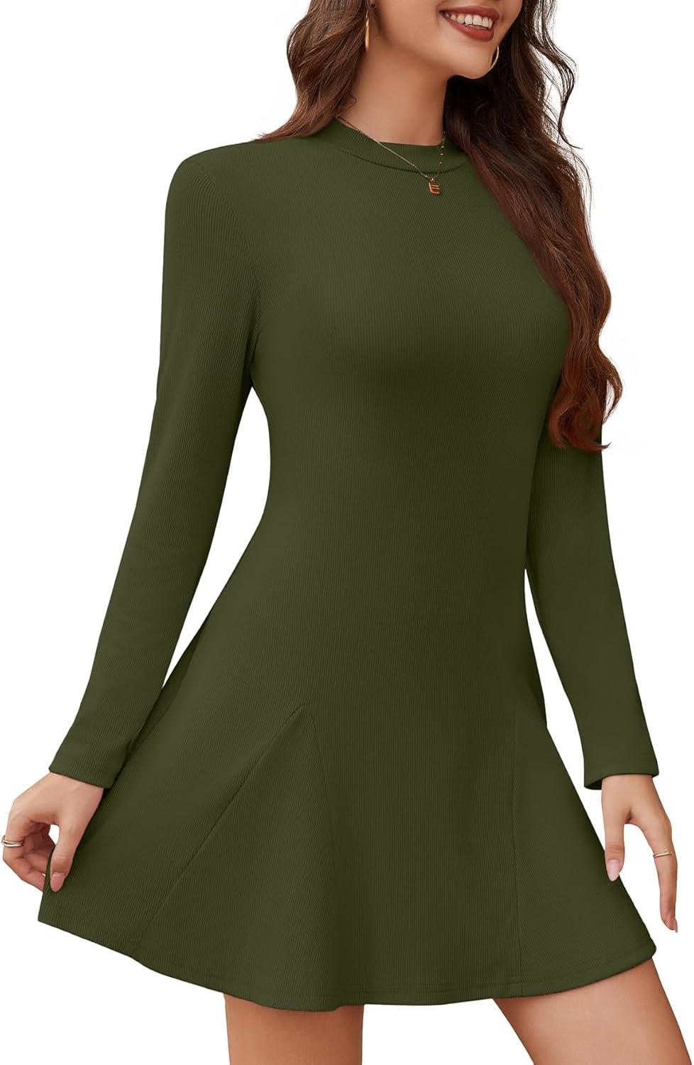 imageWEACZZY Womens Long Sleeve Casual Fall Dresses Elegant A Line High Waist Ruffle Flowy Party Wedding Guest Mini Dress 2025Army Green