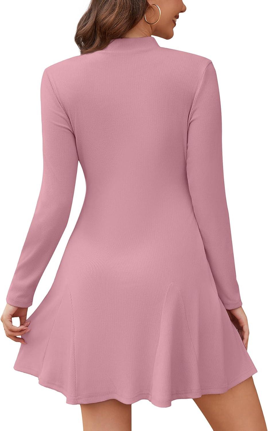 imageWEACZZY Womens Long Sleeve Casual Fall Dresses Elegant A Line High Waist Ruffle Flowy Party Wedding Guest Mini Dress 2025Pink