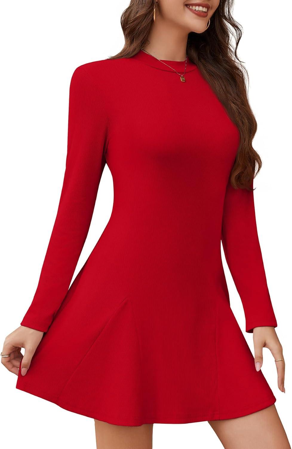 imageWEACZZY Womens Long Sleeve Casual Fall Dresses Elegant A Line High Waist Ruffle Flowy Party Wedding Guest Mini Dress 2025Red
