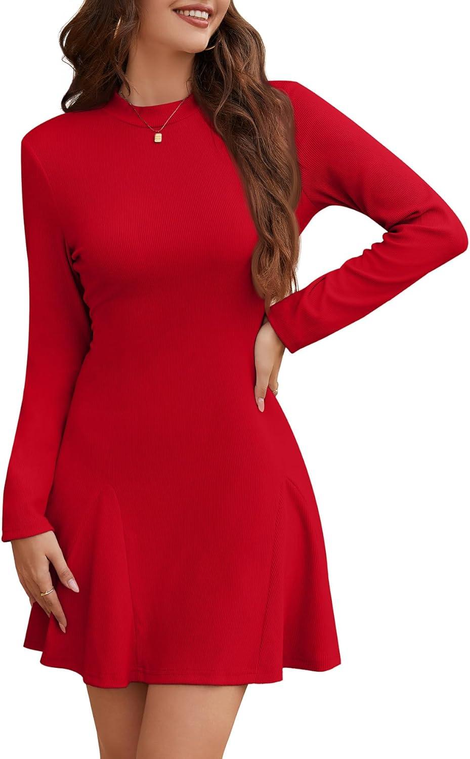 imageWEACZZY Womens Long Sleeve Casual Fall Dresses Elegant A Line High Waist Ruffle Flowy Party Wedding Guest Mini Dress 2025Red