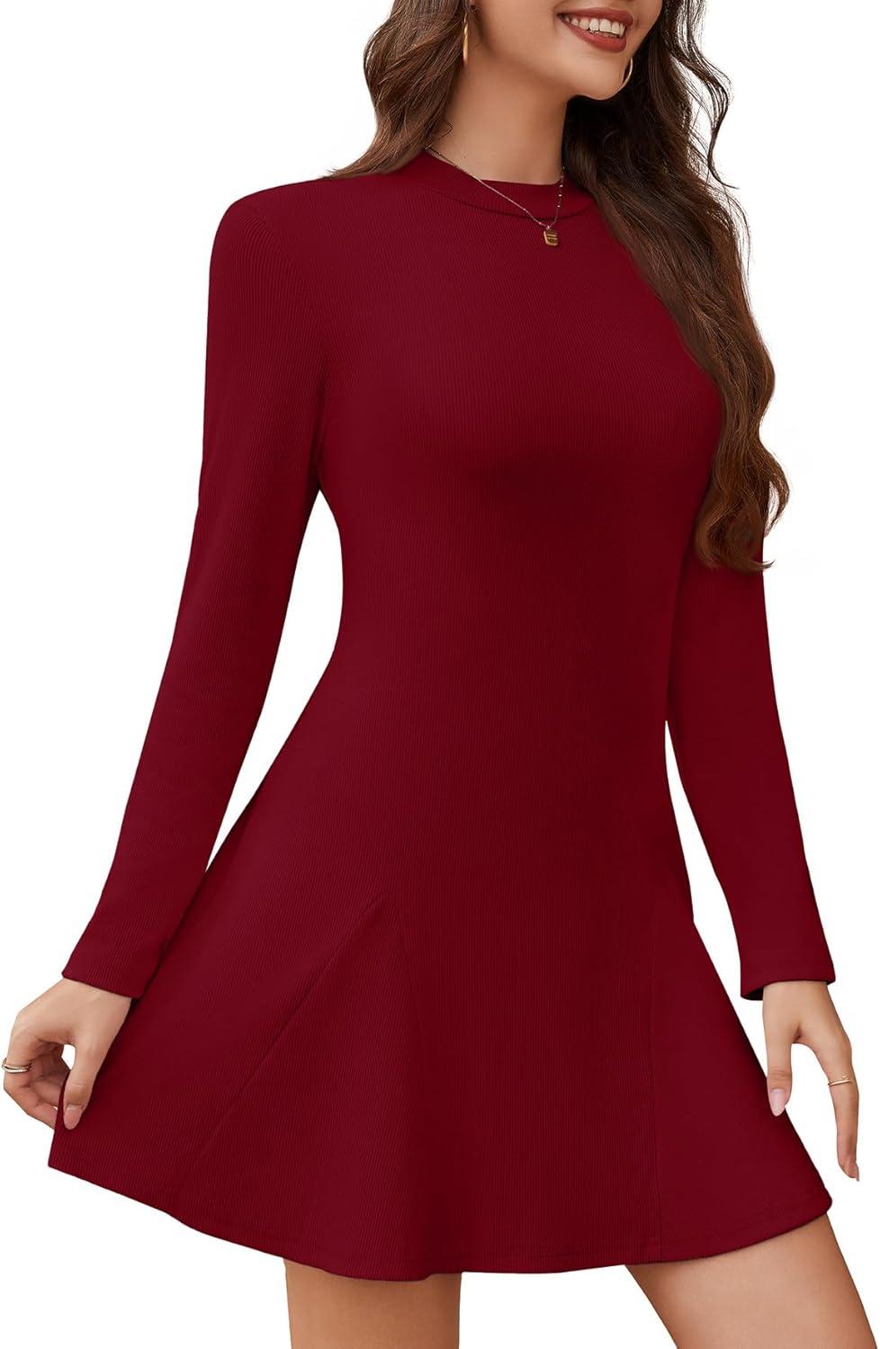 imageWEACZZY Womens Long Sleeve Casual Fall Dresses Elegant A Line High Waist Ruffle Flowy Party Wedding Guest Mini Dress 2025Wine Red