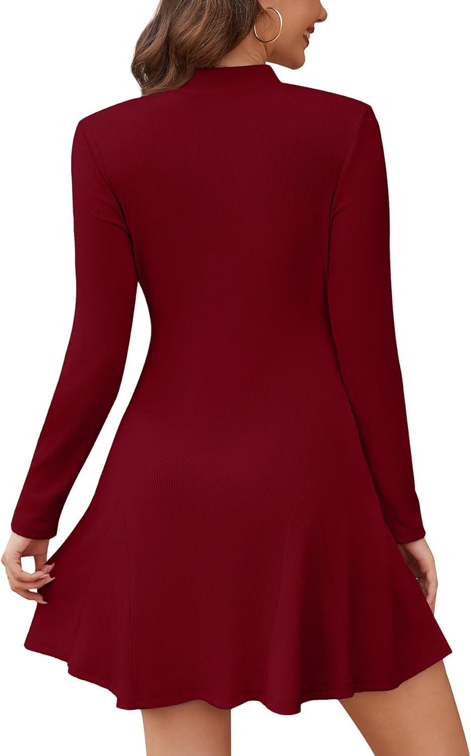 imageWEACZZY Womens Long Sleeve Casual Fall Dresses Elegant A Line High Waist Ruffle Flowy Party Wedding Guest Mini Dress 2025Wine Red