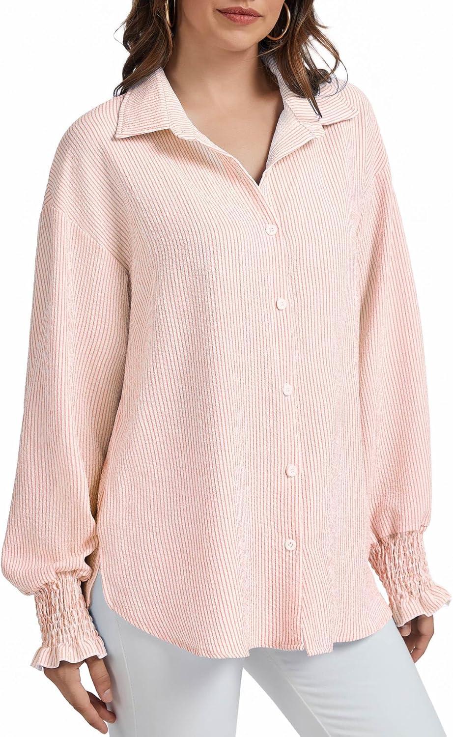 imageWEACZZY Womens Striped Button Down Shirts Long Sleeve Smocked Cuffed Oversized Boyfriend Blouses Collared Causal TopsBeige White Striped