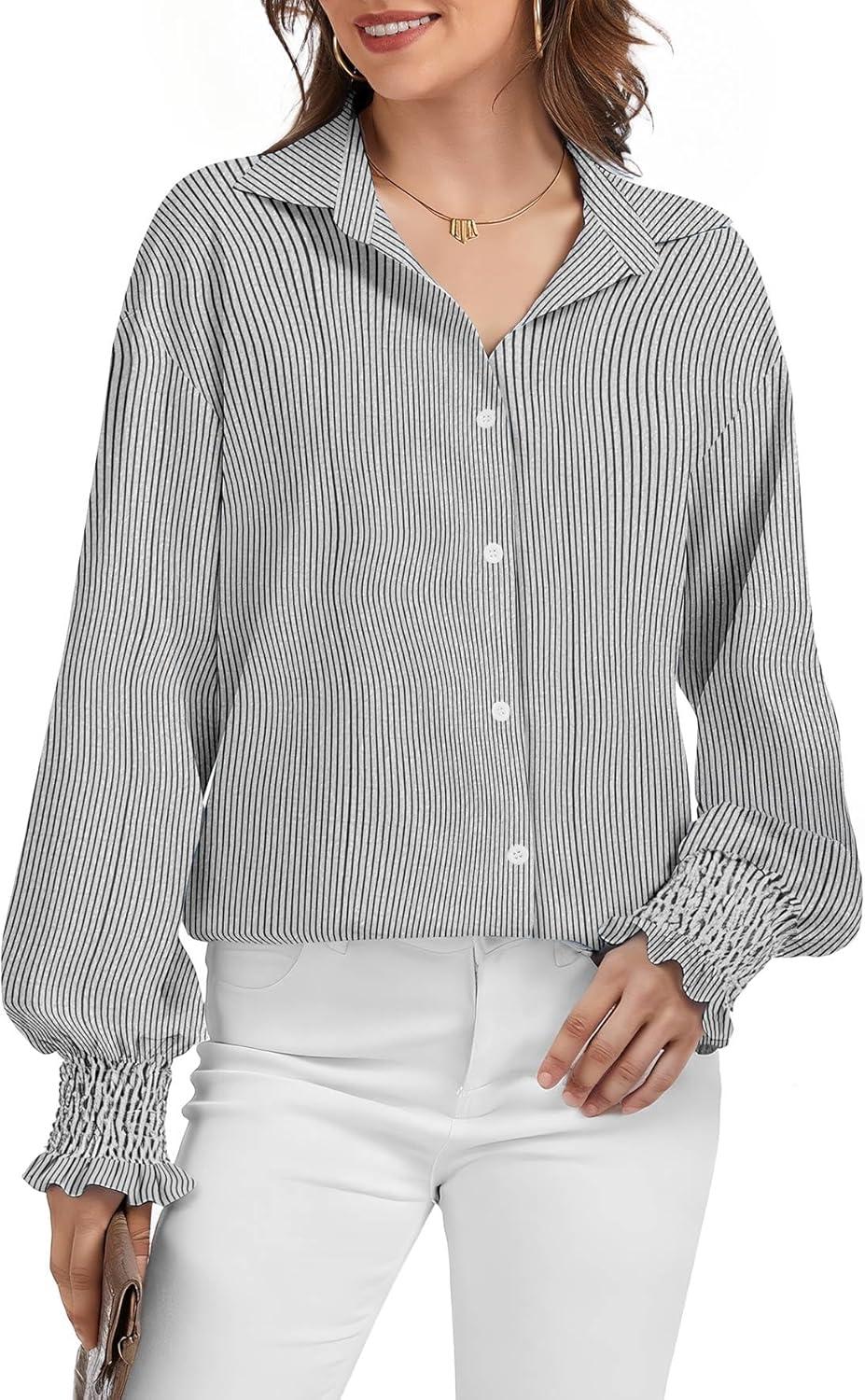 imageWEACZZY Womens Striped Button Down Shirts Long Sleeve Smocked Cuffed Oversized Boyfriend Blouses Collared Causal TopsBlack White Striped