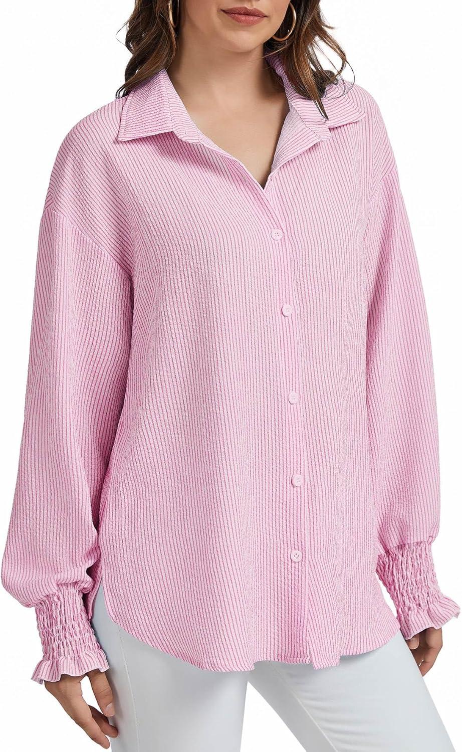 imageWEACZZY Womens Striped Button Down Shirts Long Sleeve Smocked Cuffed Oversized Boyfriend Blouses Collared Causal TopsPink Striped
