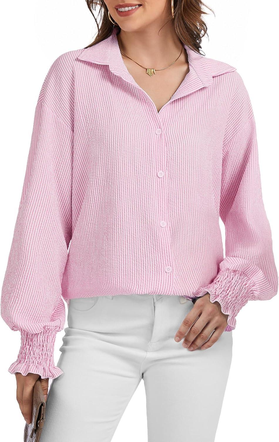 imageWEACZZY Womens Striped Button Down Shirts Long Sleeve Smocked Cuffed Oversized Boyfriend Blouses Collared Causal TopsPink Striped