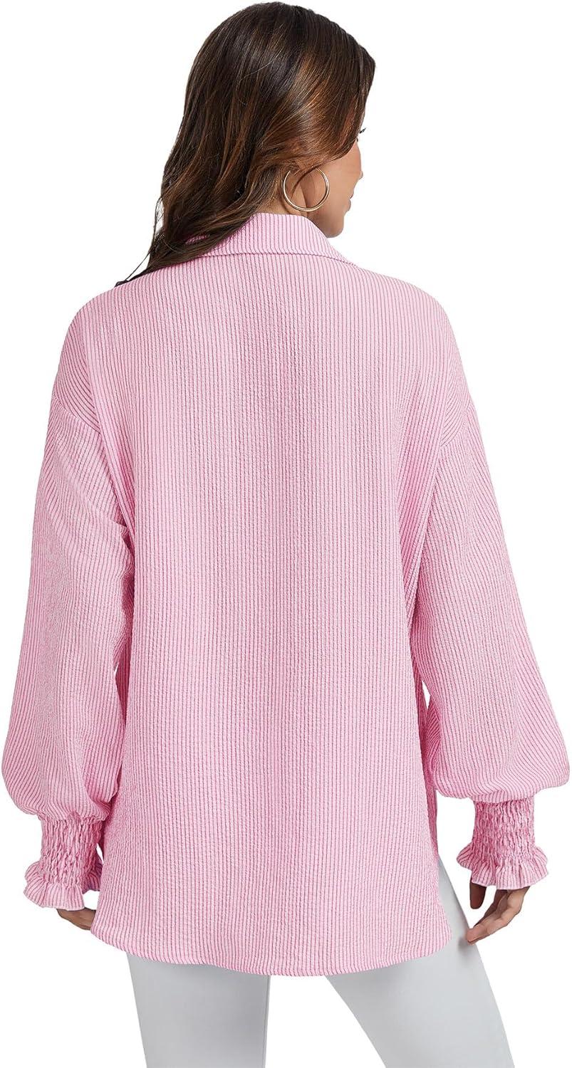 imageWEACZZY Womens Striped Button Down Shirts Long Sleeve Smocked Cuffed Oversized Boyfriend Blouses Collared Causal TopsPink Striped