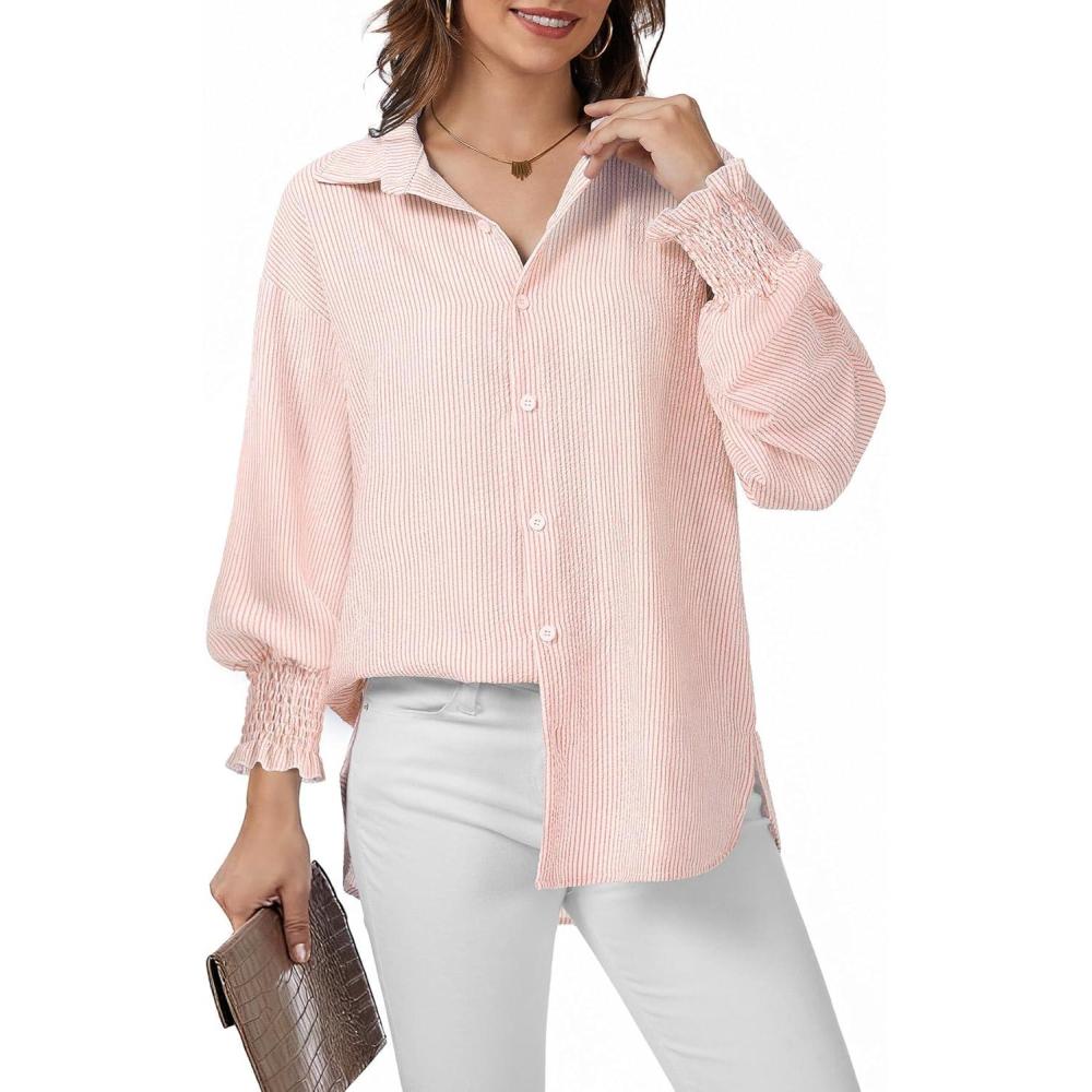 imageWEACZZY Womens Striped Button Down Shirts Long Sleeve Smocked Cuffed Oversized Boyfriend Blouses Collared Causal TopsBeige White Striped