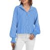 imageWEACZZY Womens Striped Button Down Shirts Long Sleeve Smocked Cuffed Oversized Boyfriend Blouses Collared Causal TopsBlue Striped