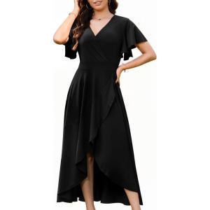imageWEACZZY Women V Neck Ruffle Sleeve Maxi Dresses Split Elegant Wrap Ruffle Wedding Guest Dress Elegant Casual DressesBlack