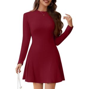 imageWEACZZY Womens Long Sleeve Casual Fall Dresses Elegant A Line High Waist Ruffle Flowy Party Wedding Guest Mini Dress 2025Wine Red