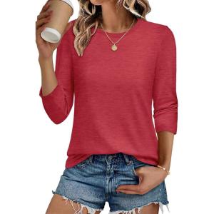 imageCHICGAL Women 34 Sleeve Shirts Casual Round Neck Tops Basic Tees Cute TShirts BlousesB Red