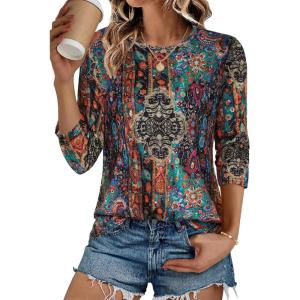 imageCHICGAL Women 34 Sleeve Shirts Casual Round Neck Tops Basic Tees Cute TShirts BlousesBohemian Print