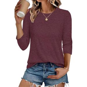 imageCHICGAL Women 34 Sleeve Shirts Casual Round Neck Tops Basic Tees Cute TShirts BlousesDeep Red