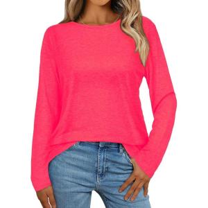 imageCHICGAL Women Long Sleeve Shirts Casual Fall Tees Crew Neck Basic Tunic TopsBright Pink
