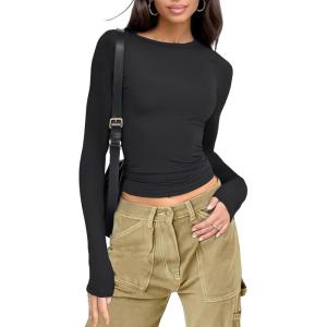 imageWomens Long Sleeve Shirts Basic Tees Y2k Slim Fit T Shirt Crew Neck Trendy Crop Top Casual01black