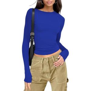 imageWomens Long Sleeve Shirts Basic Tees Y2k Slim Fit T Shirt Crew Neck Trendy Crop Top Casual01royal Blue