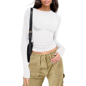 imageWomens Long Sleeve Shirts Basic Tees Y2k Slim Fit T Shirt Crew Neck Trendy Crop Top Casual01white