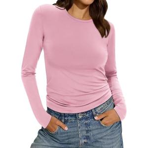 imageWomens Long Sleeve Shirts Basic Tees Y2k Slim Fit T Shirt Crew Neck Trendy Crop Top Casual02light Pink