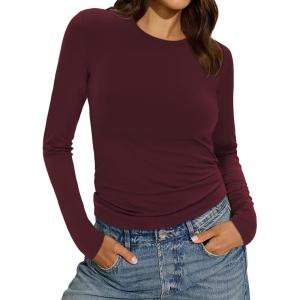 imageWomens Long Sleeve Shirts Basic Tees Y2k Slim Fit T Shirt Crew Neck Trendy Crop Top Casual02wine Red