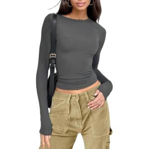 imageWomens Long Sleeve Shirts Basic Tees Y2k Slim Fit T Shirt Crew Neck Trendy Crop Top Casual03deep Grey