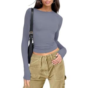 imageWomens Long Sleeve Shirts Basic Tees Y2k Slim Fit T Shirt Crew Neck Trendy Crop Top Casual03haze Blue