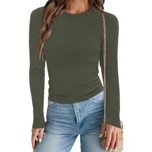 imageWomens Long Sleeve Shirts Basic Tees Y2k Slim Fit T Shirt Crew Neck Trendy Crop Top Casual04amry Green