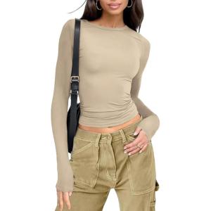 imageWomens Long Sleeve Shirts Basic Tees Y2k Slim Fit T Shirt Crew Neck Trendy Crop Top Casual04khaki