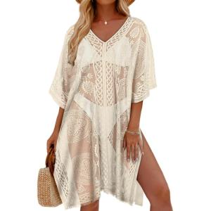 imageWomens Lace Bathing Suit Cover Up V Neck Beach Coverup Summer Swim Coverups Loose Bikini Beach DressBeige