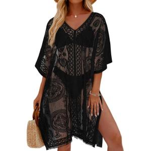 imageWomens Lace Bathing Suit Cover Up V Neck Beach Coverup Summer Swim Coverups Loose Bikini Beach DressBlack