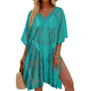 imageWomens Lace Bathing Suit Cover Up V Neck Beach Coverup Summer Swim Coverups Loose Bikini Beach DressLake Blue