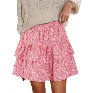 imageBerydress Ruffle Mini Skirts for Women 2025 High Waist Flowy Summer Vacation Casual Beach Boho Tiered Short SkirtPink Floral