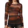 imageWomens Mesh Tops Sheer Long Sleeve Tee Shirts Bodycon See Through Blouse ClubwearBrown Floral