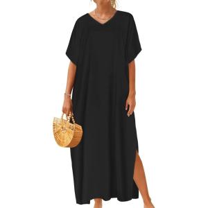 imageCHICGAL Kaftan Dresses for Women Oversized Long Batwing Sleeve Caftan V Neck Beach Cover Ups Summer Maxi DressBlack