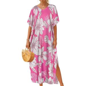 imageCHICGAL Kaftan Dresses for Women Oversized Long Batwing Sleeve Caftan V Neck Beach Cover Ups Summer Maxi DressPink White Flowers