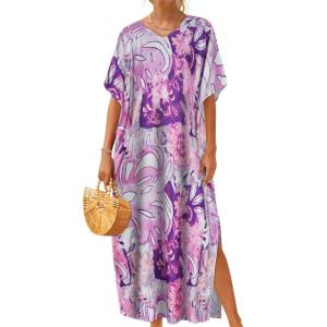 imageCHICGAL Kaftan Dresses for Women Oversized Long Batwing Sleeve Caftan V Neck Beach Cover Ups Summer Maxi DressPurple Abstract